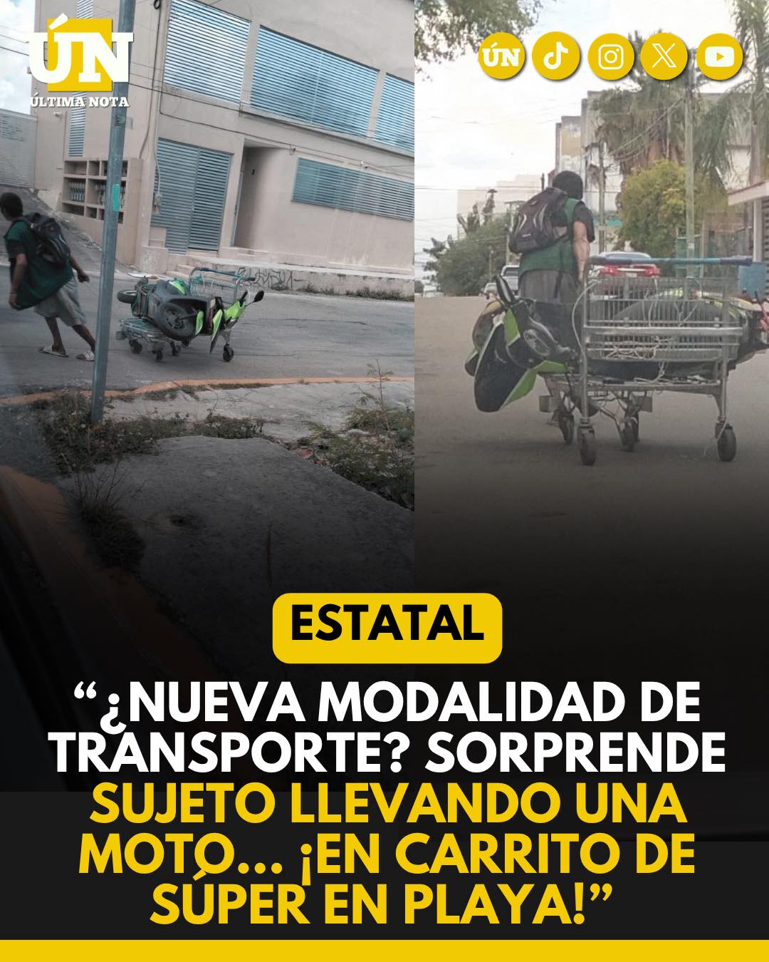 “¿Nueva modalidad de transporte? Sorprende sujeto llevando una moto… ¡en carrito de súper en Playa!”