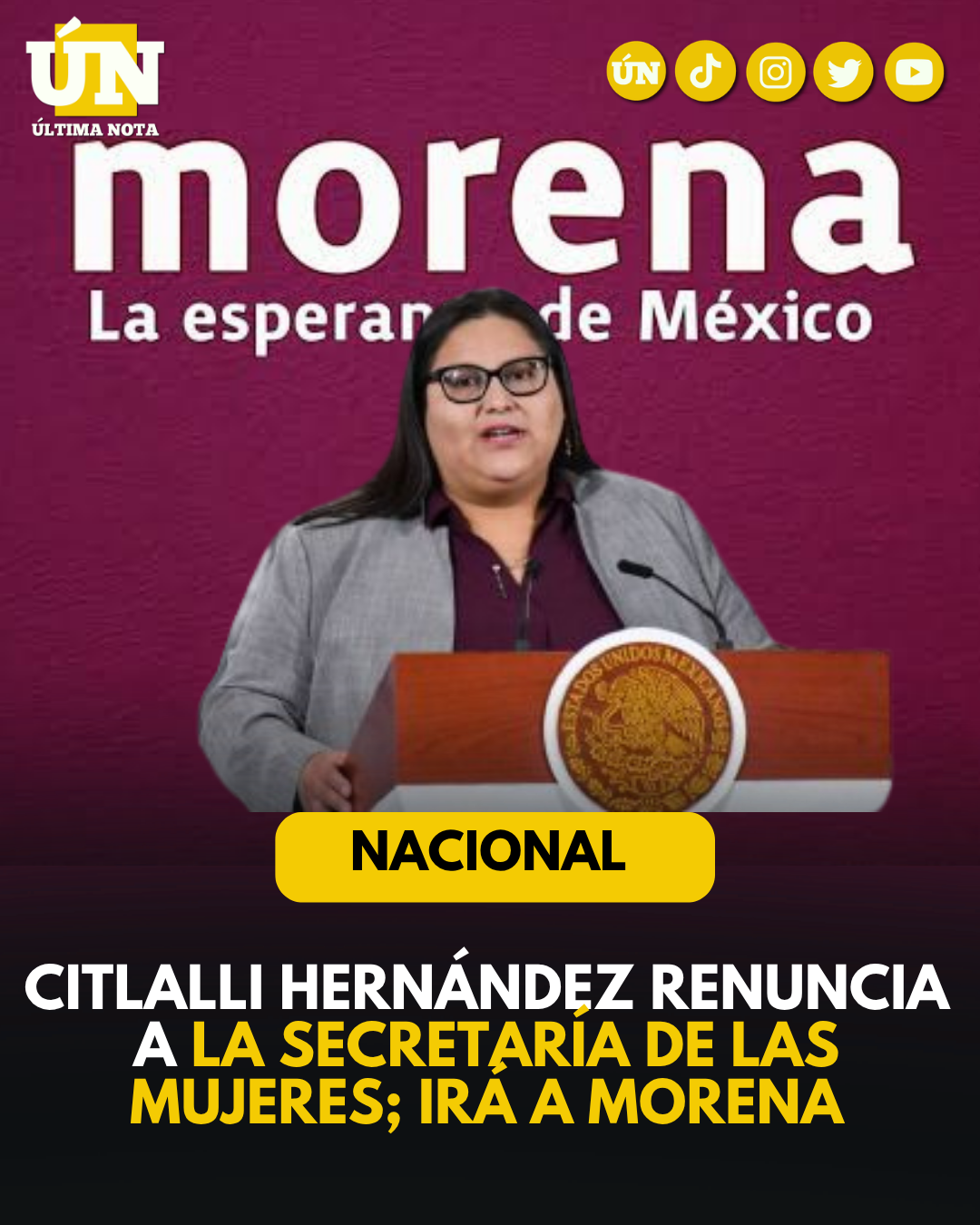Claudia Sheinbaum anunció la renuncia de Citlalli Hernández como titular de la Secretaría de las Mujeres, durante su conferencia matutina en Palacio Nacional.