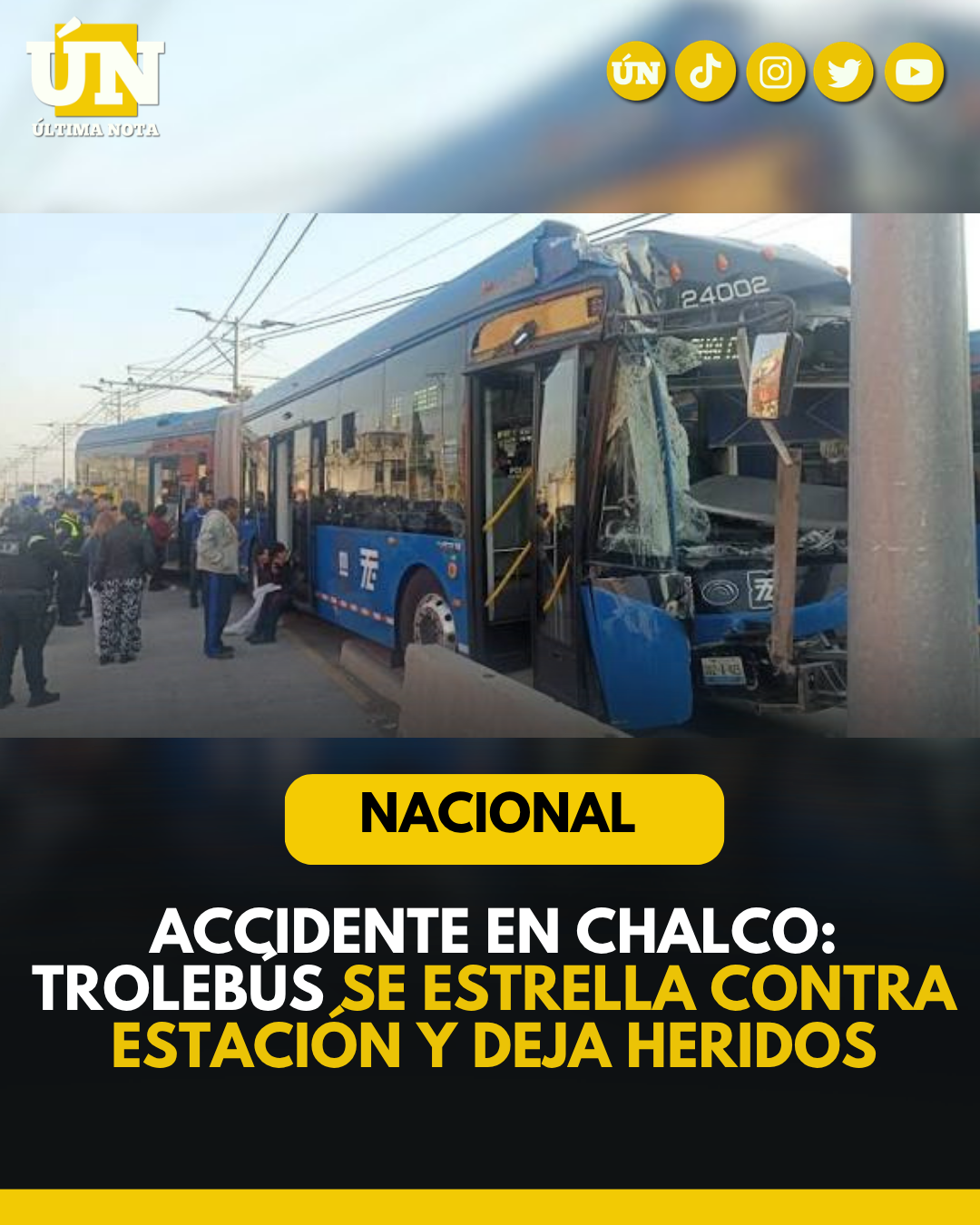 Un accidente se registró en el sistema de Trolebús Elevado Línea 11, luego de que una unidad se impactara contra la estación La Covadonga,