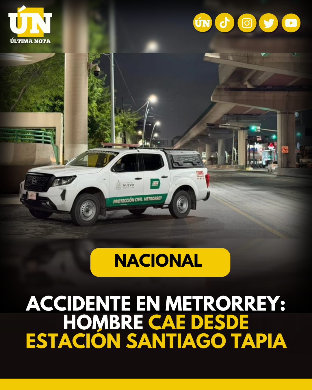 Un hombre resultó lesionado tras caer desde la estación del Metrorrey conocida como Santiago Tapia hacia la avenida Universidad, en el municipio de San Nicolás de los Garza.