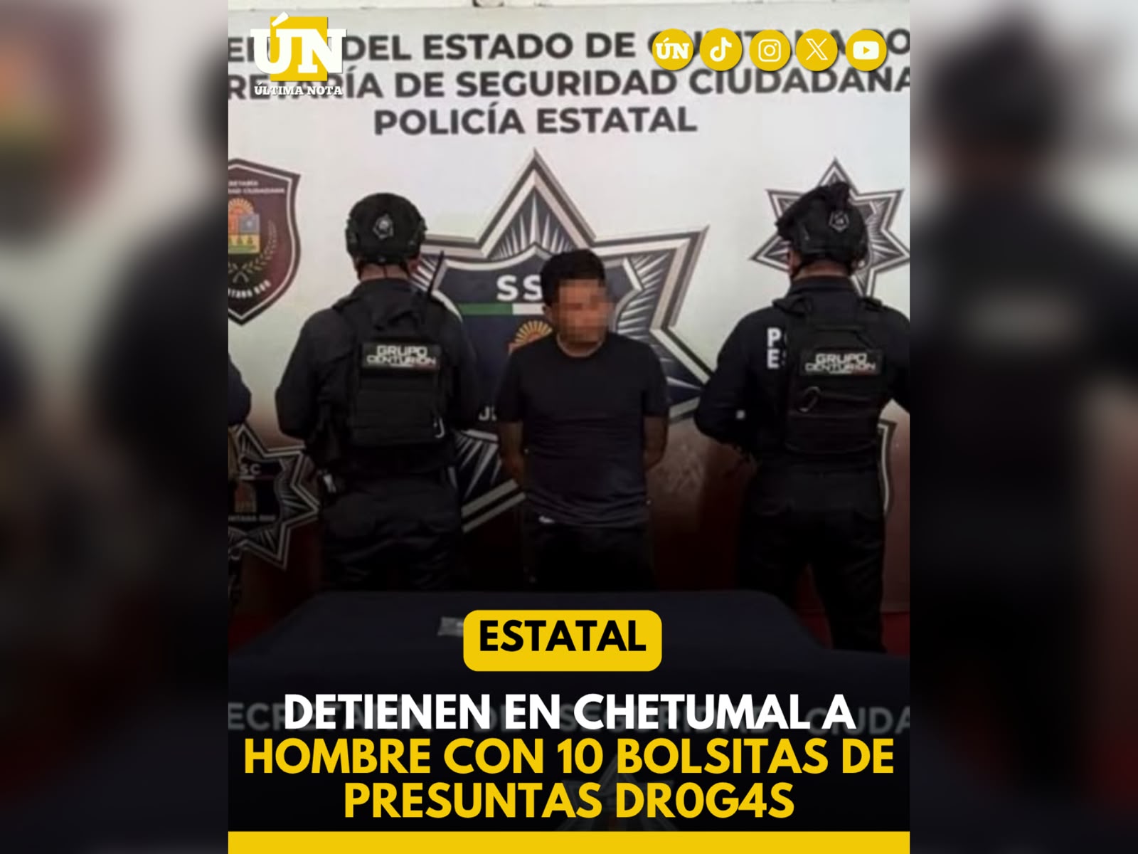 Detienen en Chetumal a hombre con 10 bolsitas de presuntas drogas.
